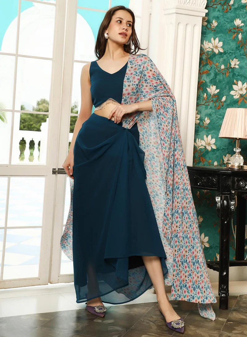 QISSA  Qissa Women's Midnight Blue Pleated-Block Imprint Pre-Draped Saree For Ethnic Wear | V-Neck , Sleeveless , Asymmetrical Hem | 2 Piece Pre-Draped Saree Designed For Evening & Party Wear for Women | Best Price UAE
