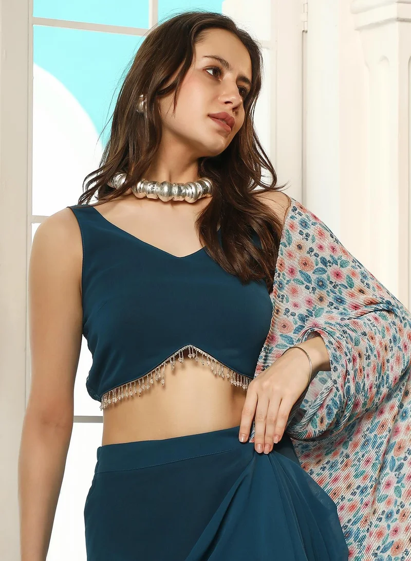 QISSA  Qissa Women's Midnight Blue Pleated-Block Imprint Pre-Draped Saree For Ethnic Wear | V-Neck , Sleeveless , Asymmetrical Hem | 2 Piece Pre-Draped Saree Designed For Evening & Party Wear for Women | Best Price UAE