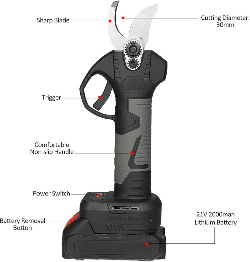 Labymos 21V Portable Handheld Cordless Electric Pruning Shears with Carry Case 2000mAh Lithium Battery & Charger Powered Tree Branch Pruner Garden Clippers 30mm Cutting Diameter - Image 2