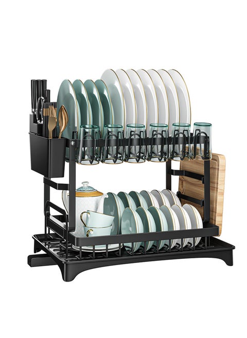 Dish Drying Rack, Adjustable 2 tier Dish Drying Stand, Stainless Steel Dish Drainer with Cutlery Rack Cup Rack, Sink Organizer for Water conduction design
