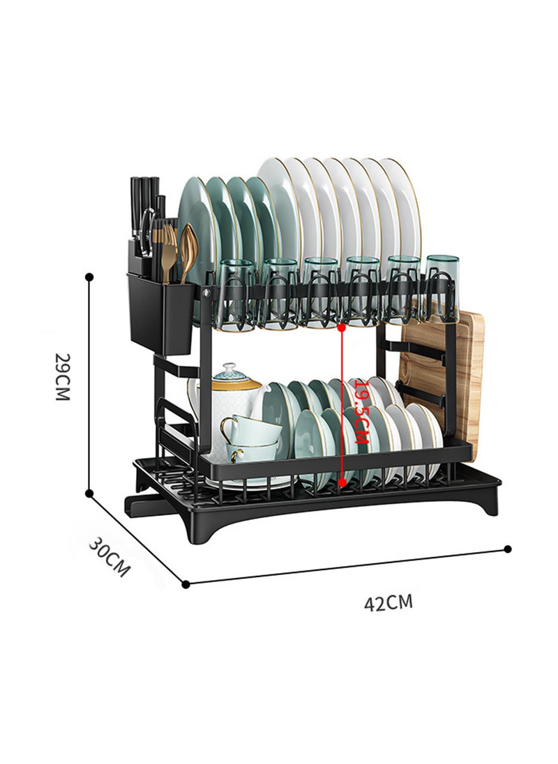 Dish Drying Rack, Adjustable 2 tier Dish Drying Stand, Stainless Steel Dish Drainer with Cutlery Rack Cup Rack, Sink Organizer for Water conduction design
