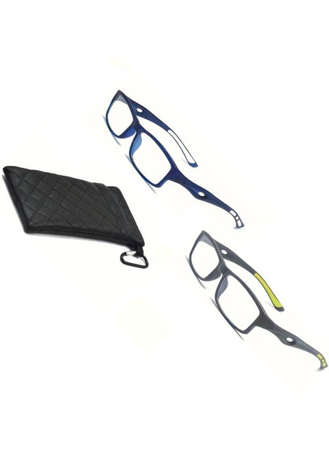 2PCS Reading Glasses Set 2PCS 1.5 Diopter Full Frame Polycarbonate Rectangular Light Reading Glasses AC Lenses That Block Blue Light And Ultraviolet Rays And Are Comfortable For The Eyes For Work And Home + A Black Double Case With A Hanging Hook For Storage After Use.