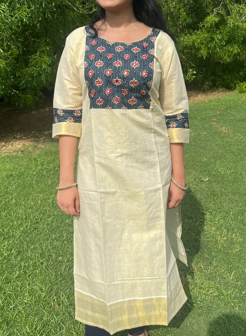 IndHeritage's premium kurti - Tissue silk onam kurti with Kasavu - Indian Kurti IDH00171 - Image 1