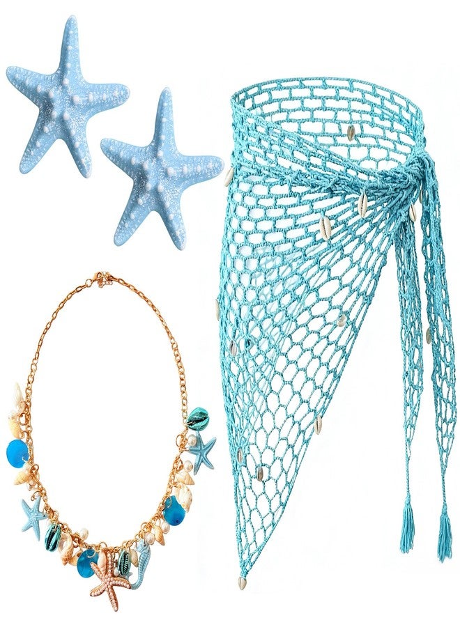 Gullora 4 Pieces Mermaid Costume Accessories for Women, Beach Crochet Fishnet Skirt Sarong, Shell Necklace, and Starfish Hair Clips for Swimsuit Cover Up, Summer Luau Party, Cosplay, Halloween, One Size - Image 1