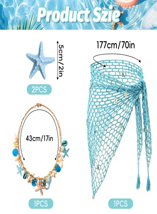 Gullora 4 Pieces Mermaid Costume Accessories for Women, Beach Crochet Fishnet Skirt Sarong, Shell Necklace, and Starfish Hair Clips for Swimsuit Cover Up, Summer Luau Party, Cosplay, Halloween, One Size - Image 2