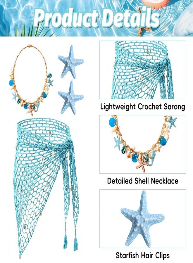 Gullora 4 Pieces Mermaid Costume Accessories for Women, Beach Crochet Fishnet Skirt Sarong, Shell Necklace, and Starfish Hair Clips for Swimsuit Cover Up, Summer Luau Party, Cosplay, Halloween, One Size - Image 3