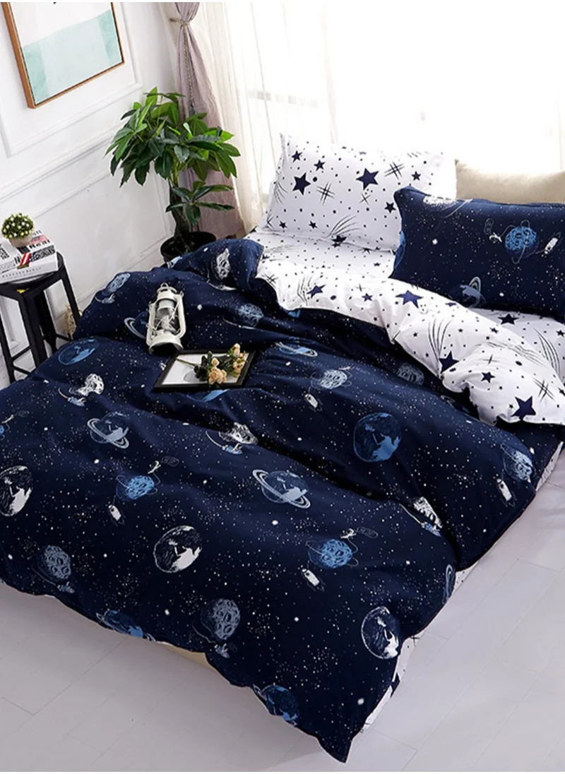 شاربدو 4-Piece Dream Galaxy Design Bedding Set Microfiber Blue/White Single Cotton