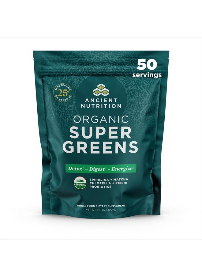 Ancient Nutrition - Super Greens Powder, Organic Superfood Powder with Probiotics Made with Spirulina, Chlorella, Matcha, and Digestive Enzymes, 50 Servings, 14.1 oz - Image 1