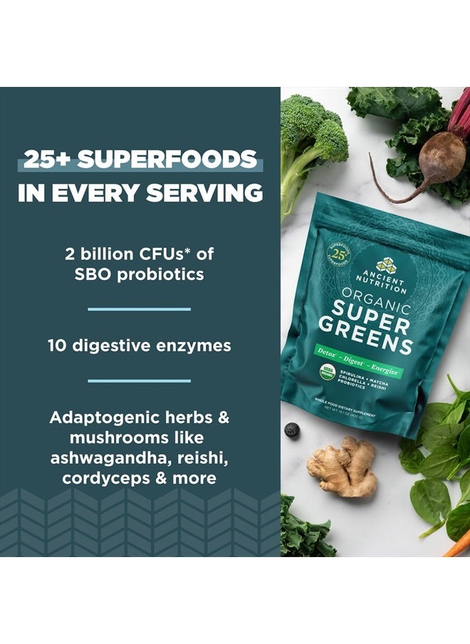 Ancient Nutrition - Super Greens Powder, Organic Superfood Powder with Probiotics Made with Spirulina, Chlorella, Matcha, and Digestive Enzymes, 50 Servings, 14.1 oz - Image 1