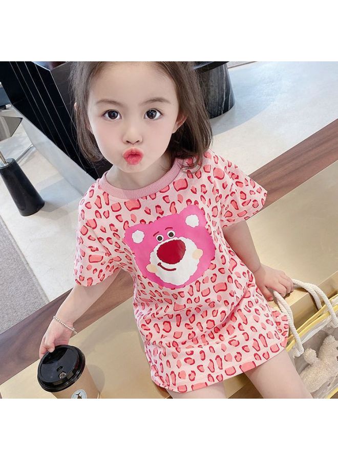 Summer New Girls' Pink Leopard Print Bear Mid-length T-shirt Skirt Children's Cartoon Short Sleeve Dress Shirt Fashion