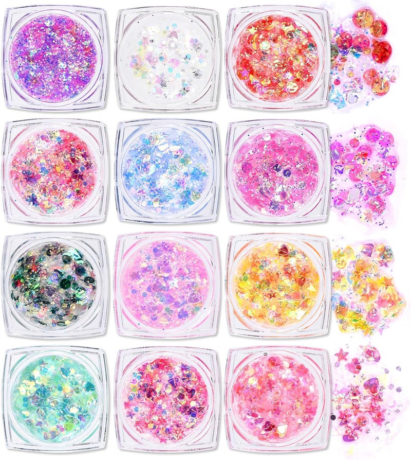 Ownest 12 Colors Holographic Chunky Glitter Gel Set, Christmas Party Makeup Face Body Eye Lips Hair Nail Cosmetic Festival Chunky Glitter Eyeshadow, Mixable, No Need Glue