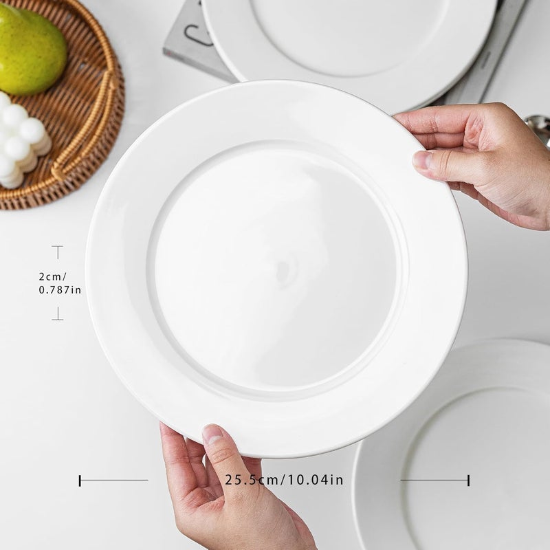 YALONG 10 Inch Ceramic Dinner Plates Set of 4 Rounded White Salad Plates for Lunch Pizza Buffet Steak and Bread Microwave and Dishwasher Safe - Image 2
