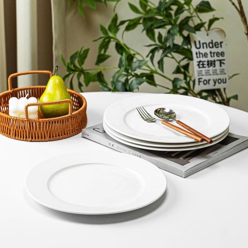 YALONG 10 Inch Ceramic Dinner Plates Set of 4 Rounded White Salad Plates for Lunch Pizza Buffet Steak and Bread Microwave and Dishwasher Safe - Image 3
