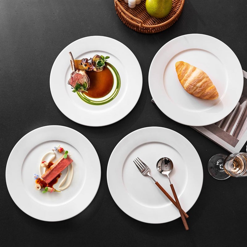 YALONG 10 Inch Ceramic Dinner Plates Set of 4 Rounded White Salad Plates for Lunch Pizza Buffet Steak and Bread Microwave and Dishwasher Safe - Image 5