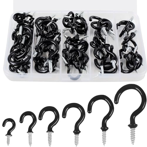 Romeda 90 Pcs Black Ceiling Hooks Kit - 6 Sizes Vinyl Coated Screw-in Hooks for Hanging (1/2", 5/8", 3/4", 7/8", 1", 1-1/4") - Image 1