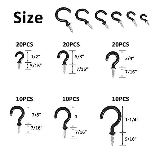 Romeda 90 Pcs Black Ceiling Hooks Kit - 6 Sizes Vinyl Coated Screw-in Hooks for Hanging (1/2", 5/8", 3/4", 7/8", 1", 1-1/4") - Image 2
