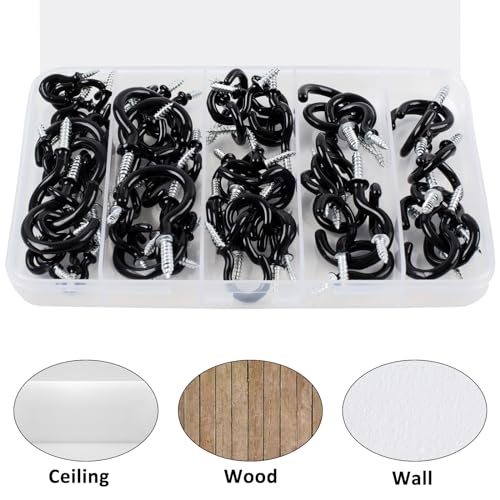 Romeda 90 Pcs Black Ceiling Hooks Kit - 6 Sizes Vinyl Coated Screw-in Hooks for Hanging (1/2", 5/8", 3/4", 7/8", 1", 1-1/4") - Image 5
