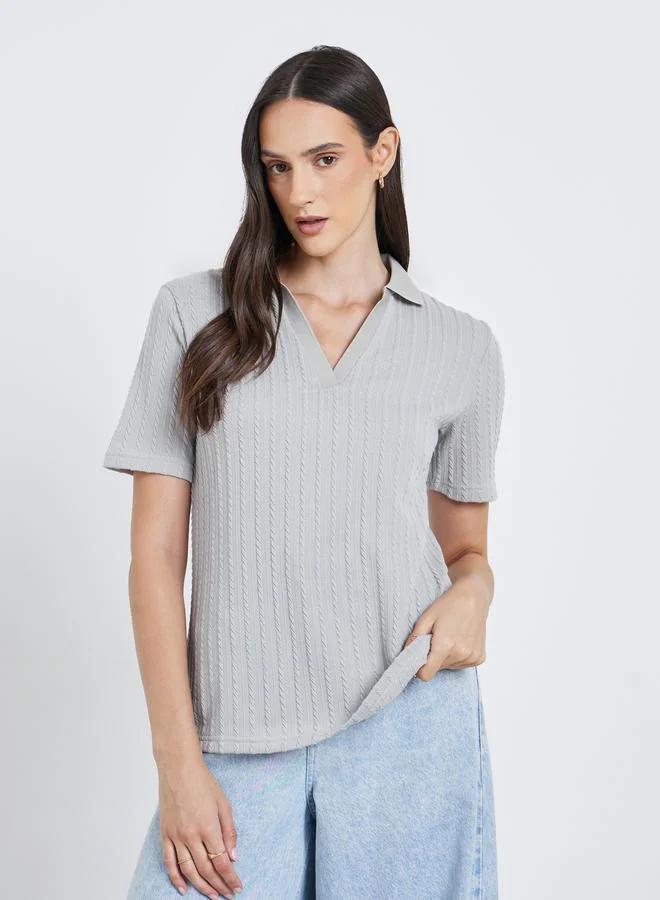 Styli Styli Grey Knitted Relaxed Fit Polo T-Shirt