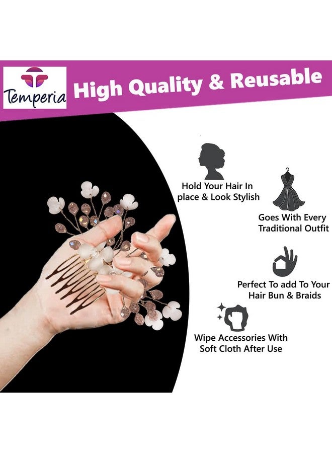 Temperia Hair Accessories For Women'S & Girls - Stylish Artificial Flowers & Crystal Pearls Bun Juda Bridal Brooch For Hairstyle & Decoration - Pins & Clips For Style Of Bride (Pink & White) - Image 5
