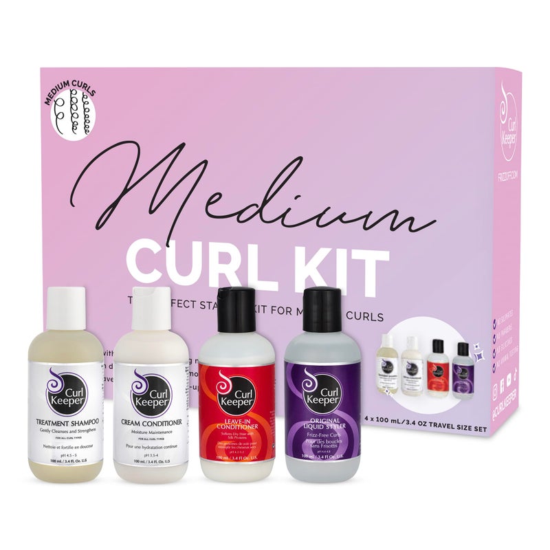 Curl Keeper Medium Curl Starter Kit for Curly Hair - Travel Size Set Includes Original Liquid Styler, Treatment Shampoo, Cream Conditioner & Leave-In Conditioner - Maximum Definition Shine & Moisture - Image 1