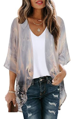 CHICGAL Women's Floral Print Puff Sleeve Kimono Cardigan Loose Cover Up Casual Blouse Tops (Grey Gold Floral,XXL) - Image 1