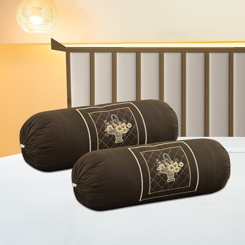 Rj Products Microfiber Bolster Cover with Grapes Embroidery Set of 2 Piece (Brown) - Image 4