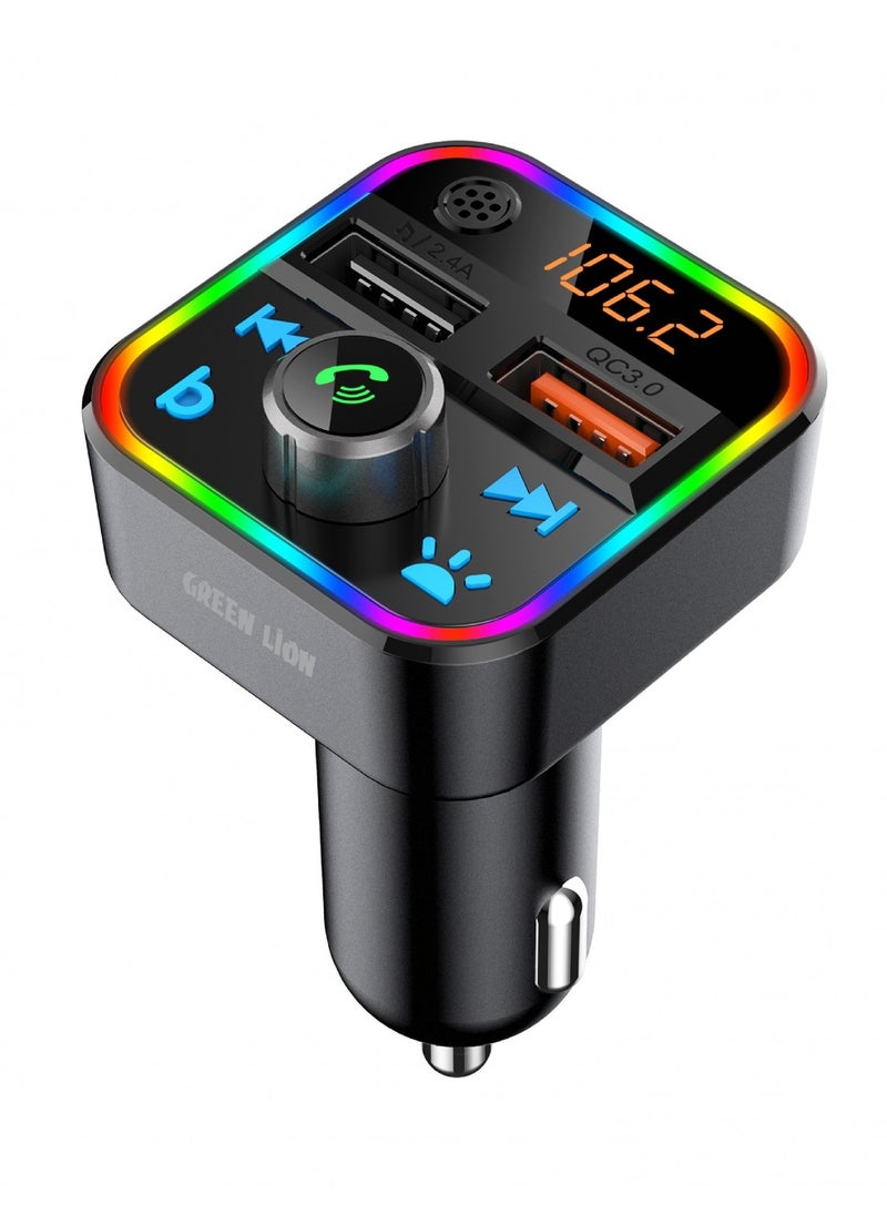 جرين ليون - طقم جهاز إرسال FM للسيارة / تفعيل Siri / مساعد Google / بلوتوث v5.3 / QC 3.0 / دعم الشحن السريع / منفذ USB مزدوج / منفذ بطاقة TF / تصميم عالمي - أسود - Image 1
