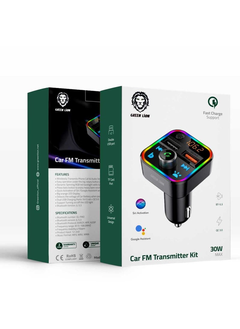 جرين ليون - طقم جهاز إرسال FM للسيارة / تفعيل Siri / مساعد Google / بلوتوث v5.3 / QC 3.0 / دعم الشحن السريع / منفذ USB مزدوج / منفذ بطاقة TF / تصميم عالمي - أسود - Image 1