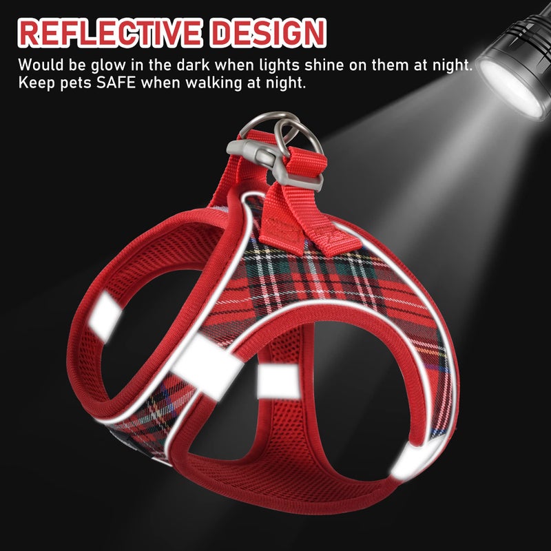 GAMUDA Small Dog Harness Collar and Leash Set, Step in No Chock No Pull Soft Mesh Adjustable Dog Vest Harnesses Plaid Reflective for Dogs Puppy Cats Kitten Rabbit (Red, XS) - Image 3