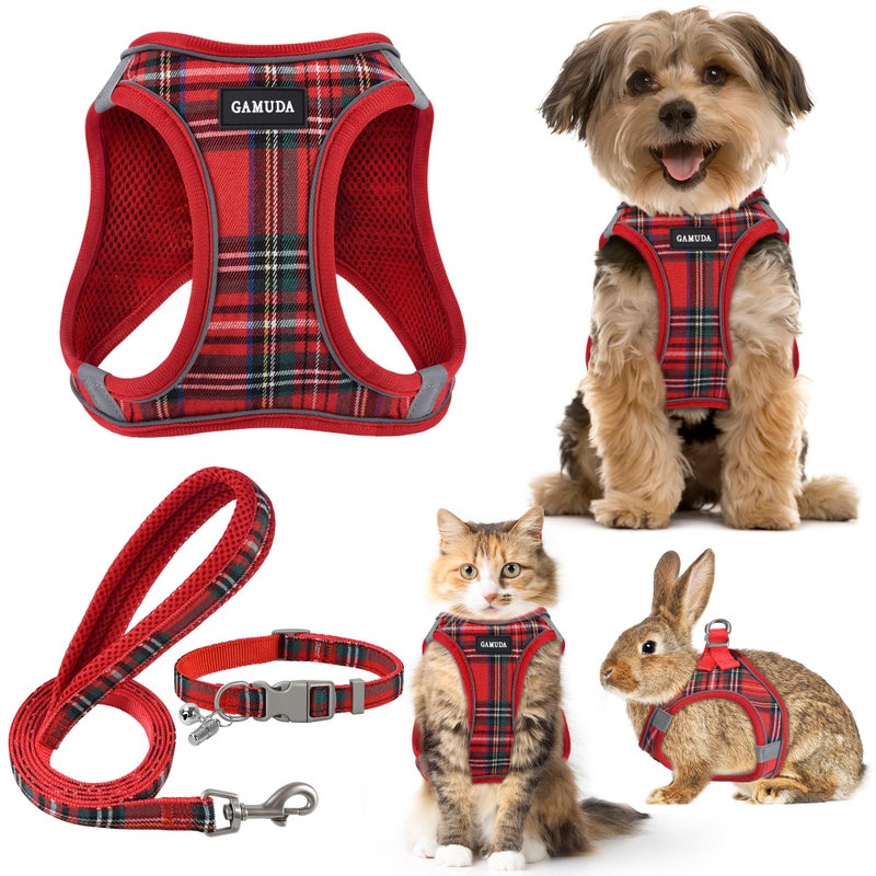 GAMUDA Small Dog Harness Collar and Leash Set, Step in No Chock No Pull Soft Mesh Adjustable Dog Vest Harnesses Plaid Reflective for Dogs Puppy Cats Kitten Rabbit (Red, XS) - Image 1