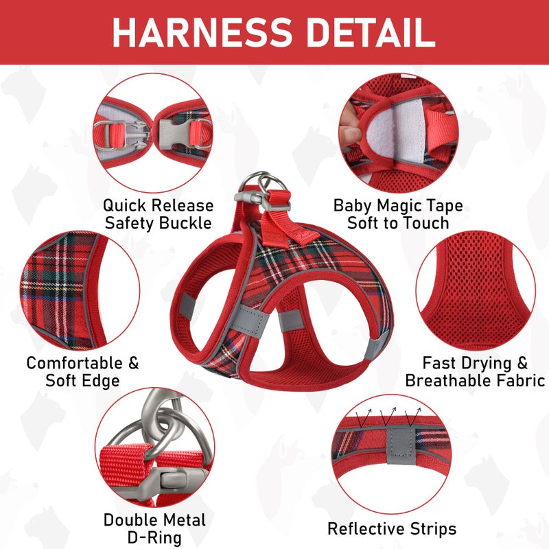 GAMUDA Small Dog Harness Collar and Leash Set, Step in No Chock No Pull Soft Mesh Adjustable Dog Vest Harnesses Plaid Reflective for Dogs Puppy Cats Kitten Rabbit (Red, XS) - Image 2
