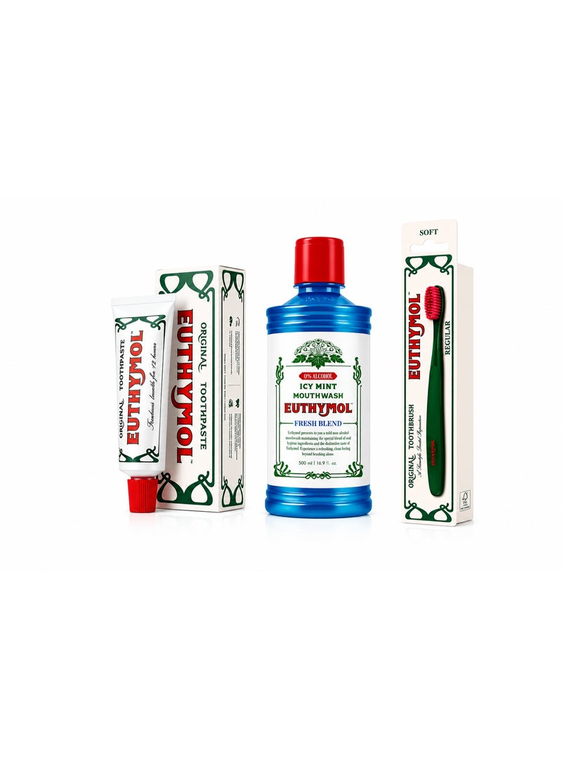 Euthymol Oral Care Set with Whitening Toothpaste 75ml, Fresh Blend Mouthwash 500ml & Soft Toothbrush - Image 1