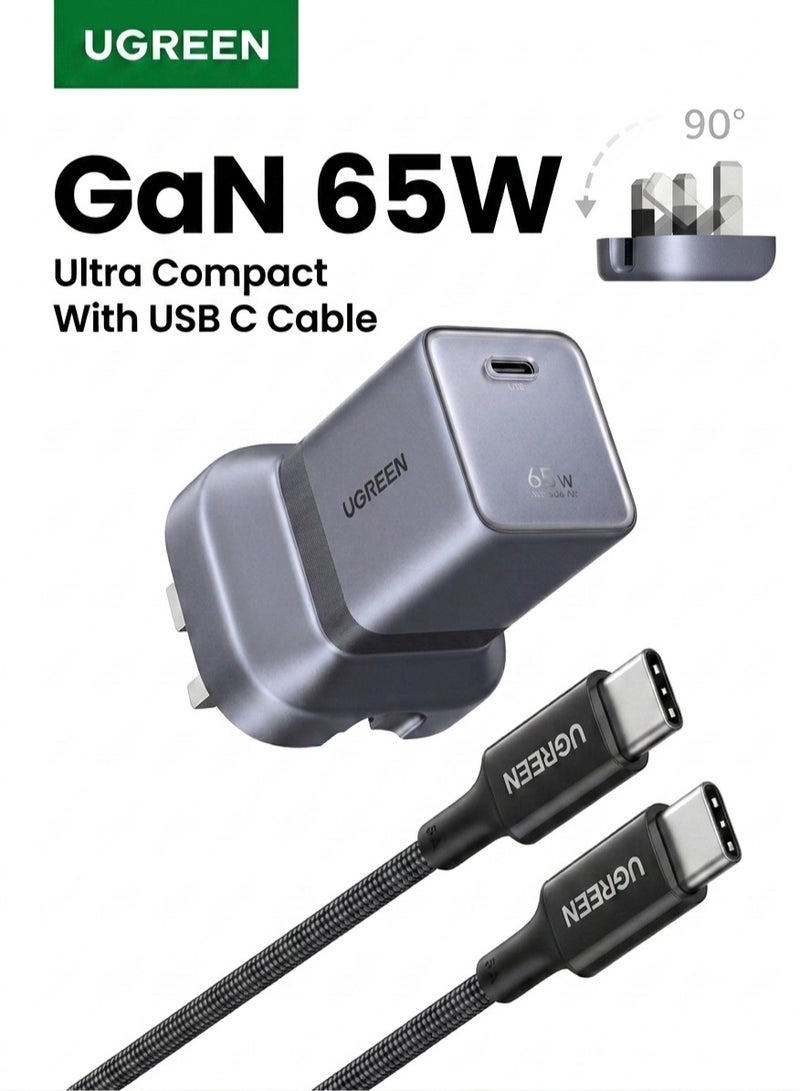 يو جرين شاحن Air بقدرة 65 واط بمنفذ USB-C وتقنية GaN (مع كابل) - يتميز بقابس قابل للطي، ودعم الشحن السريع، وهيكل مقاوم للحريق (معيار V0)؛ متوافق مع iPhone 18 Pro وiPhone 18 Pro Max وiPhone Duo وiPhone 17 وiPhone 16 Pro Max وSamsung S26 وSamsung S25 Ultra وiPad Pro (اللون: رمادي) - تصميم مدمج. 65W+Cable Compact Grey - Image 1