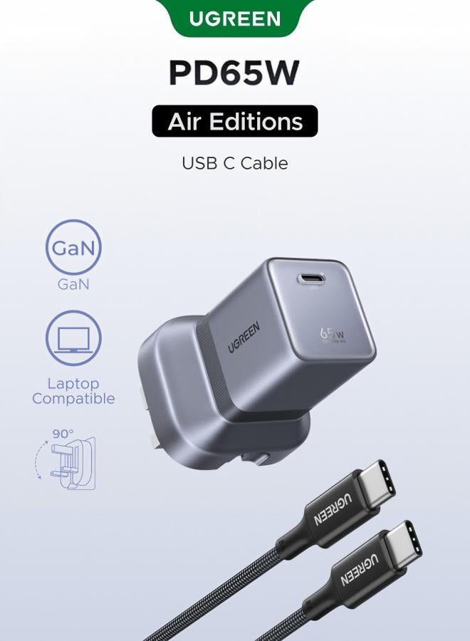 Ugreen Air 65W USB-C Charger with Cable Pocket GaN Type C Charger with Foldable Pin, Fast Charging Adapter, V0 Flame Retardant Charger Head for iPhone 18 Pro, iPhone 18 Pro Max, iPhone Duo, iPhone 17 16 Pro Max, Samsung S26 S25 Ultra, iPad Pro (Grey) 65W+Cable Compact Grey 65W+Cable Compact Grey - Image 1