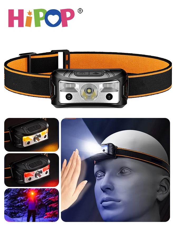 HIPOP Headlamp Rechargeable, 3 Light Colors & 4 Modes Headlight LED with Motion Sensor for Adults, Waterproof Head Light Flashlight for Hiking, Running, Fishing, Cycling, Camping Accessories Gear  - Image 1