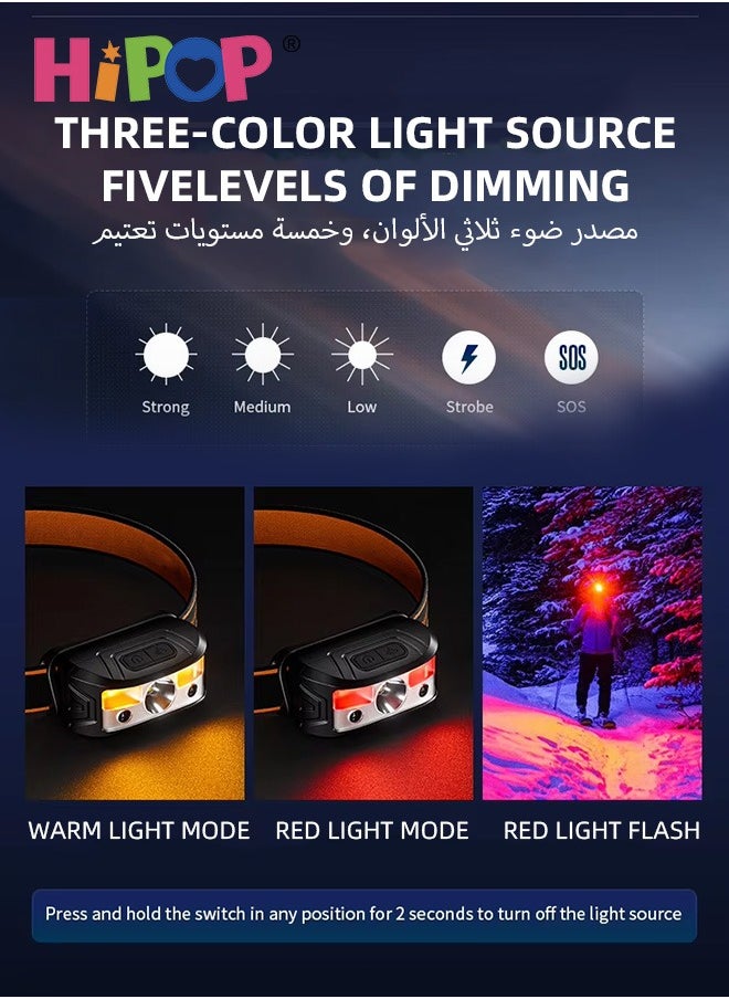 HIPOP Headlamp Rechargeable, 3 Light Colors & 4 Modes Headlight LED with Motion Sensor for Adults, Waterproof Head Light Flashlight for Hiking, Running, Fishing, Cycling, Camping Accessories Gear  - Image 2