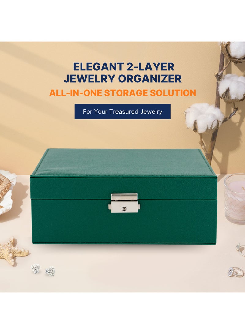 AC&L AC&L Jewelry Organizer Box For Girls And Women, PU Leather 2 Layer Jewellery Storage Box Case For Earing, Necklace, Bracelet, Rings And Accessories (Green)  - Image 2