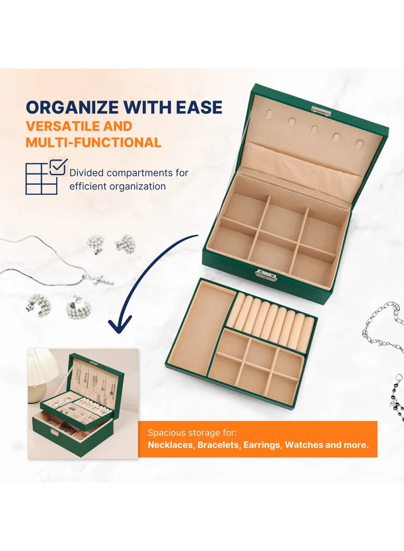 AC&L AC&L Jewelry Organizer Box For Girls And Women, PU Leather 2 Layer Jewellery Storage Box Case For Earing, Necklace, Bracelet, Rings And Accessories (Green)