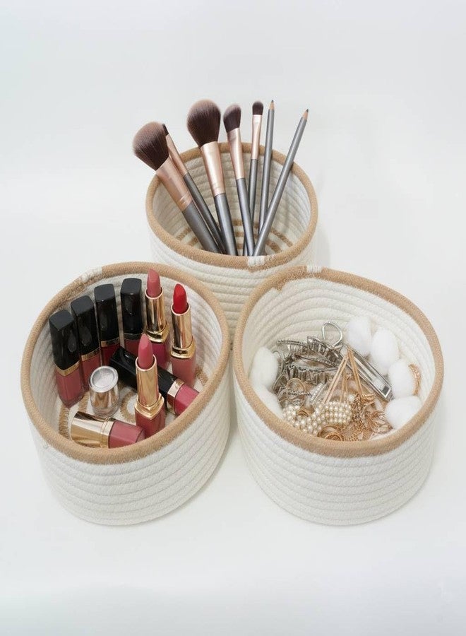 danpinera Set of 3 Small Woven Baskets, Mini Round Storage Baskets for Organizing, Decorative Boho Rope Baskets for Bathroom, Nursery, Desk, Tiny Bin for Makeup, Jewelry, Small Items, White & Jute - Image 1