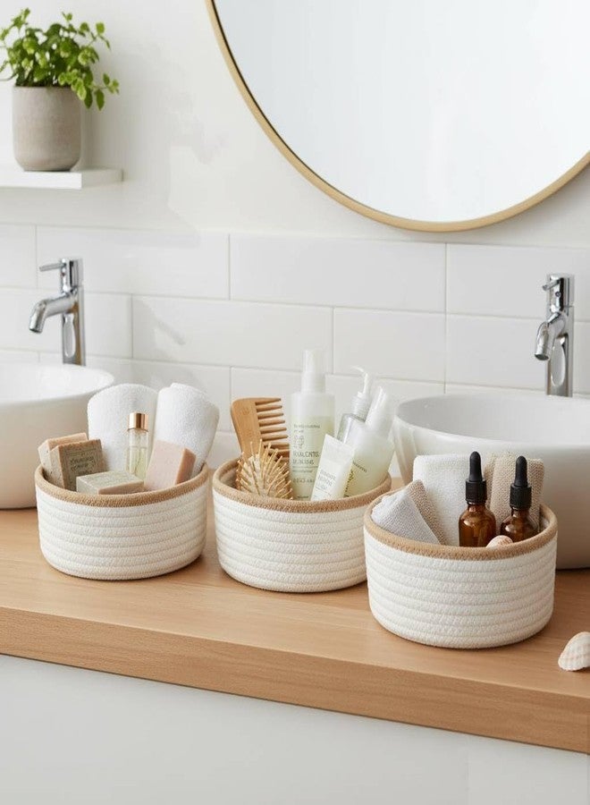 danpinera Set of 3 Small Woven Baskets, Mini Round Storage Baskets for Organizing, Decorative Boho Rope Baskets for Bathroom, Nursery, Desk, Tiny Bin for Makeup, Jewelry, Small Items, White & Jute - Image 3