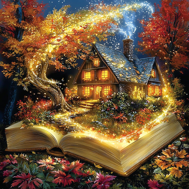MINIWAN Magical Open Book Autumn Cottage 500 Piece Jigsaw Puzzle for Adults Fantasy Fall Cabin Glowing Tree Jigsaw Puzzle Gift for Book Autumn Lovers 20x20 Inches - Image 3