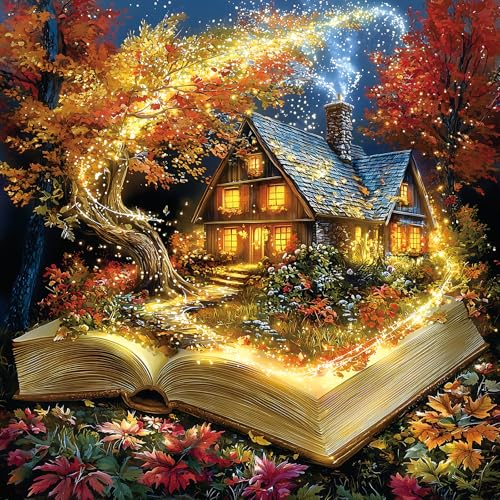 MINIWAN Magical Open Book Autumn Cottage 500 Piece Jigsaw Puzzle for Adults Fantasy Fall Cabin Glowing Tree Jigsaw Puzzle Gift for Book Autumn Lovers 20x20 Inches - Image 1