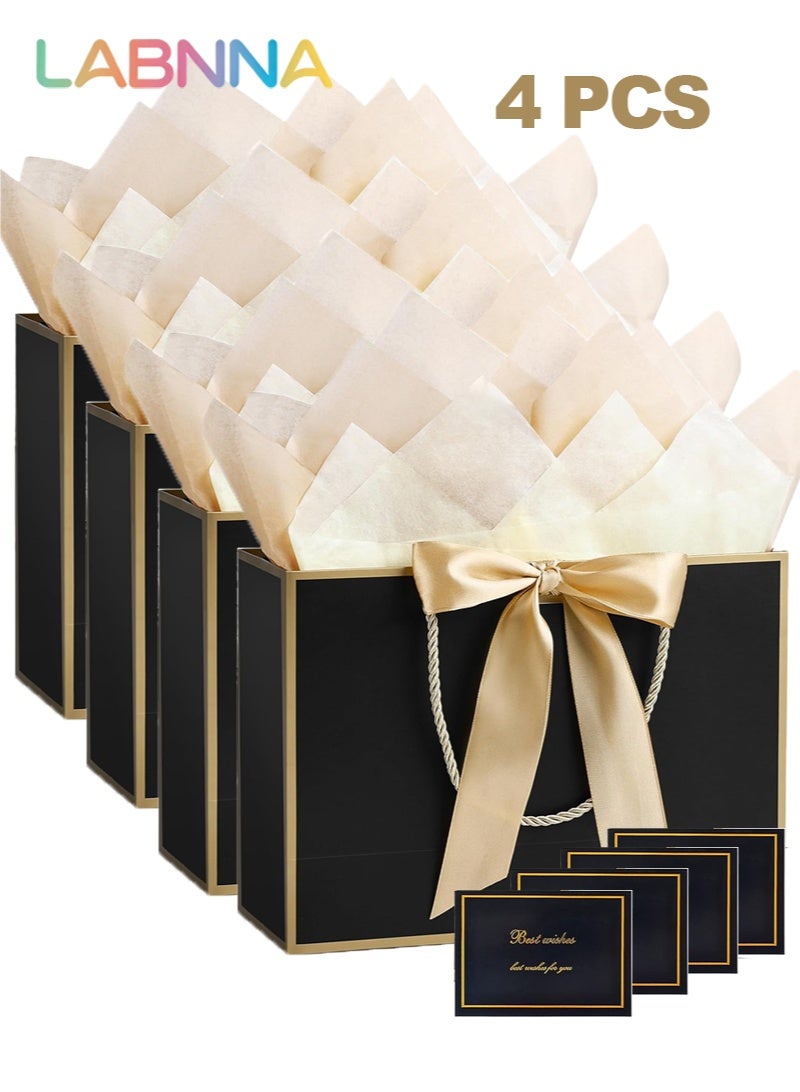 LABNNA أربع أكياس هدايا متوسطة الحجم بمقابض، مزينة بشريط وورق مناديل، مقاس 32*25*11 سم، أكياس ورقية فاخرة بكميات كبيرة للمهرجانات، وأعياد الميلاد، وحفلات الزفاف، وتوزيع الهدايا، والحفلات، والحلويات، والتسوق، والزهور، وتجارة الكتب بالتجزئة، باللون الأسود. - Image 1