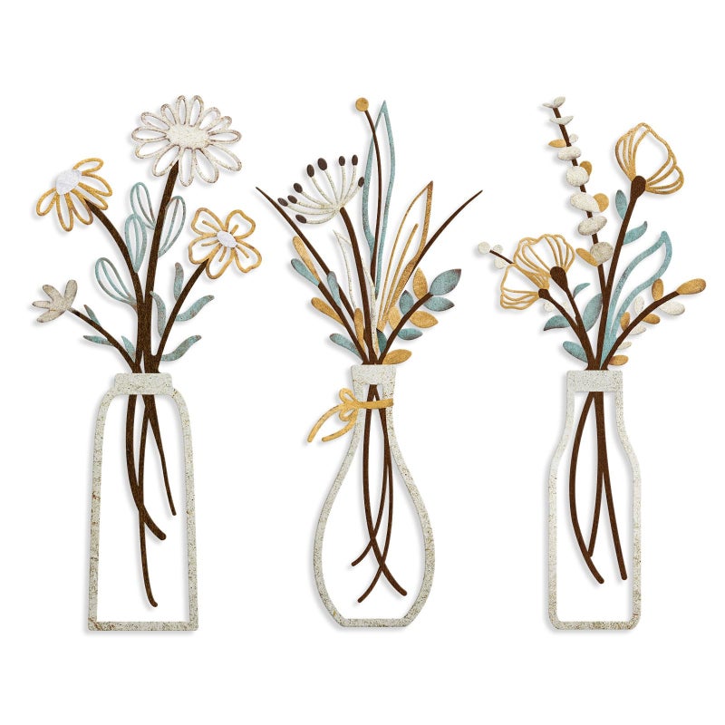 Pigort 3 Pieces Metal Flowers Wall Arts - Rustic Farmhouse Style DÃ©cor Metal Wall Art Black Minimalist Flower Natural Themed Wall Decors for Home Bedroom Dining Room Housewarming (Blue) - Image 1