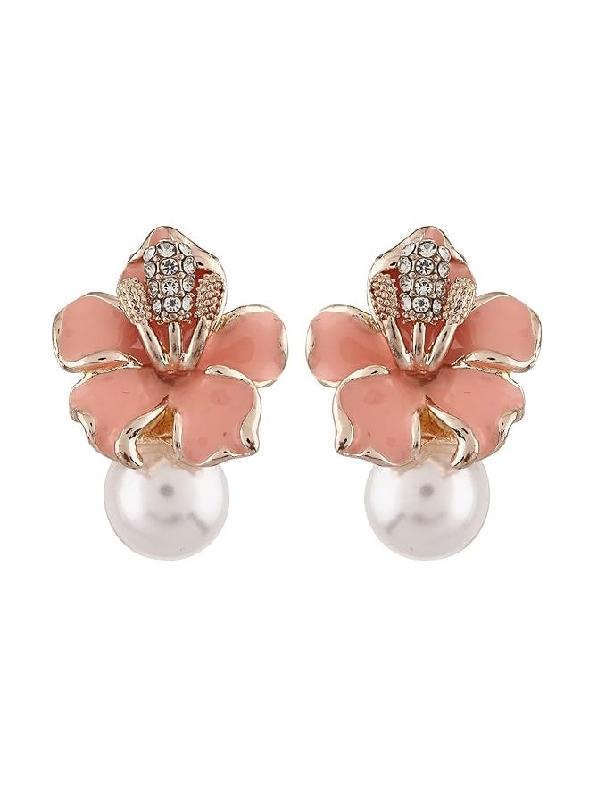 Shining Diva Fashion Latest Stylish Western Crystal Pearl Gold Plated Stud Earrings For Women Rrsd11821Er Peach 