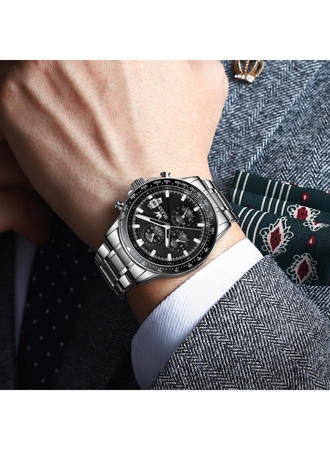 OLEVS Watch for Men Analog Quartz Chronograph Watches Stainless Steel Dress Calendar Waterproof Easy Reader Wrist Watch Silver Black - Image 3