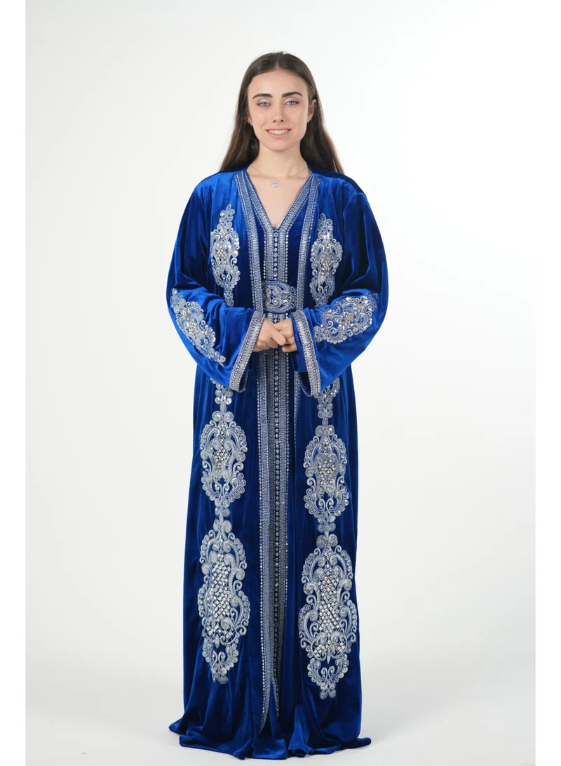 AL BENT AL SHARQIEH Velvet kaftan jalabiya dress with belt