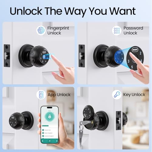 TDCHINGES Fingerprint Smart Door Knob with Keypad Lock 4 in 1 Indoor Biometric Door Knobs Room Thumb Print Door Locks for Bedroom, Key/App Control Black Entry Door Lock for Front Door, Home House Door Hardware - Image 3