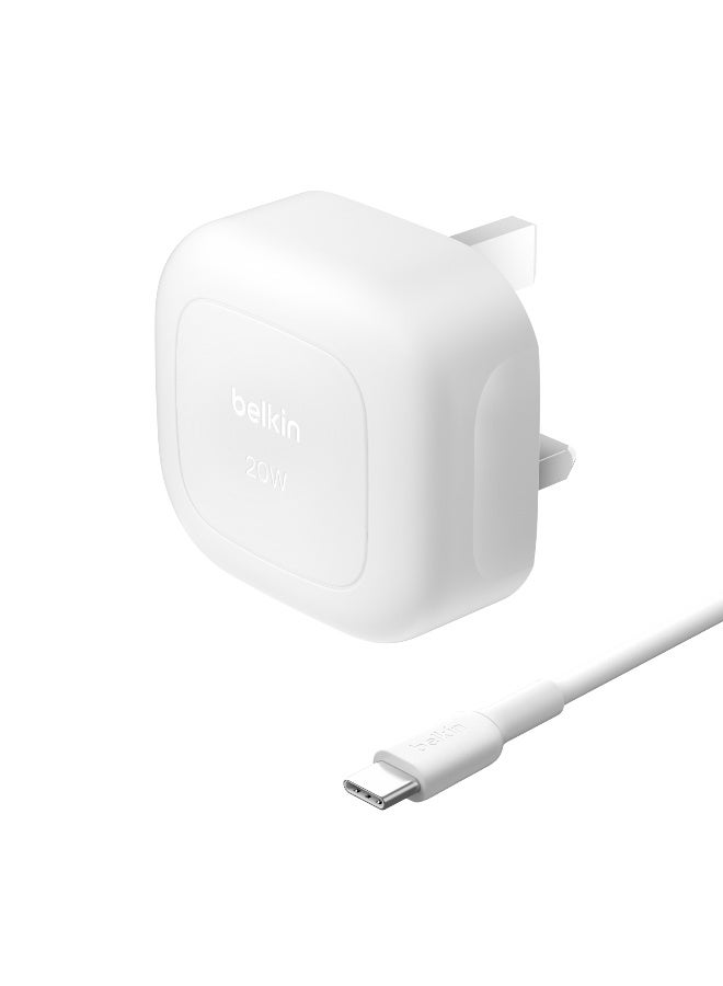 BoostCharge 20W Cubic Wall Charger, USB-C Power Delivery Fast Charging for Apple iPhone 16, Samsung Galaxy S25, iPad, AirPods And More with USB-C to USB-C Cable included - White