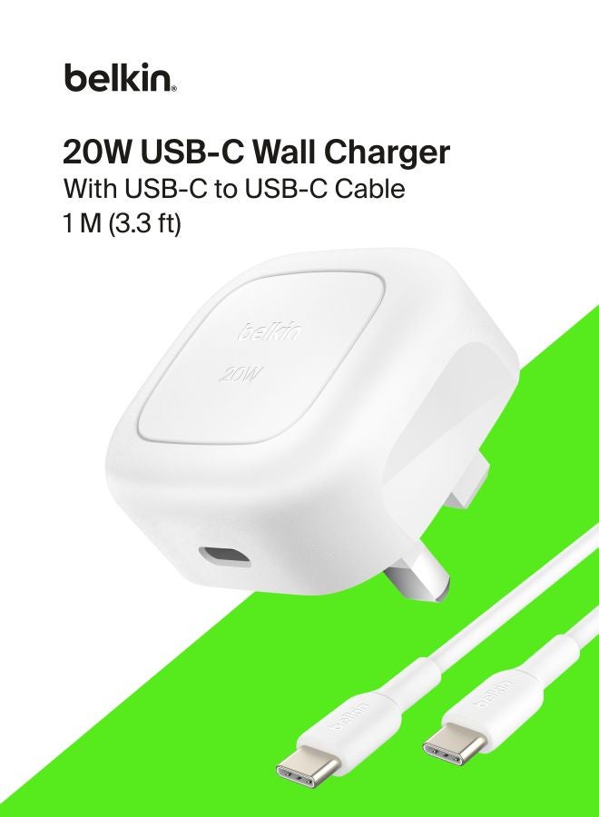 belkin BoostCharge 20W Cubic Wall Charger, USB-C Power Delivery Fast Charging for Apple iPhone 16, Samsung Galaxy S25, iPad, AirPods & More with USB-C to USB-C Cable included - White White - Image 1